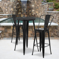 Flash Furniture CH-51080BH-2-30CAFE-BK-GG 24" Round Metal Bar Table Set with 2 Cafe Barstools Set in Black